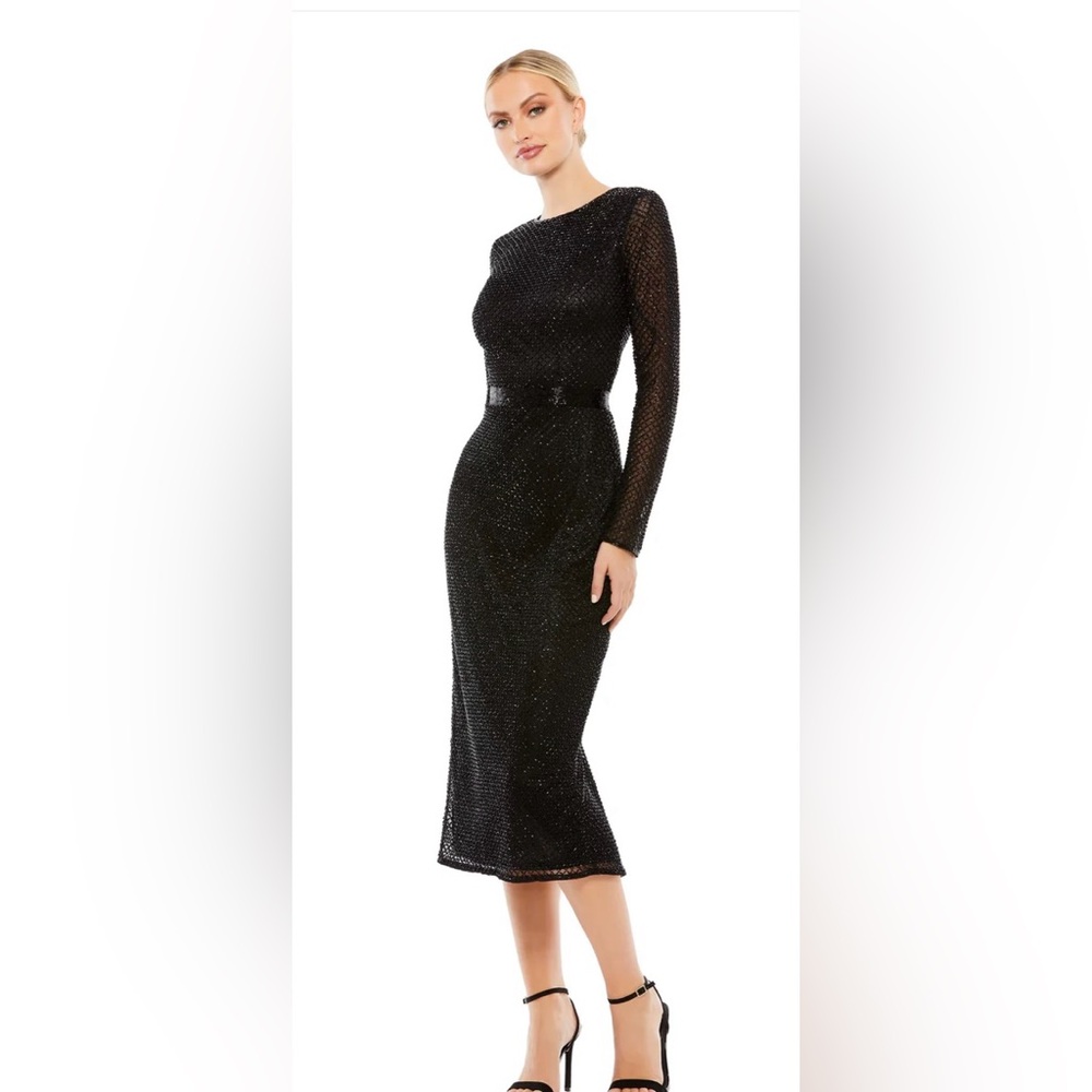 LONG SLEEVE LATTICE BEADED MIDI COCKTAIL DRESS Size 10 Color Black